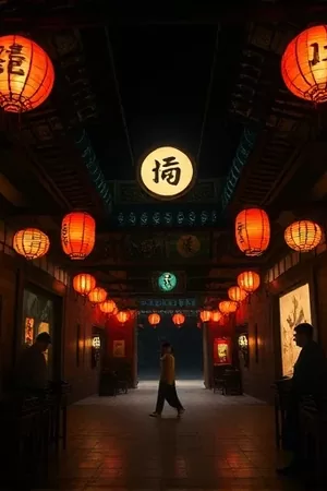 悬疑短剧《晨雾回声》主角在雾中小镇街道上回头张望的竖版海报